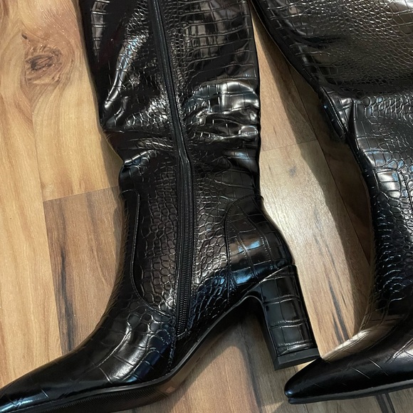 Women's Black Croc-Embossed Knee Boots - Picture 7 of 17